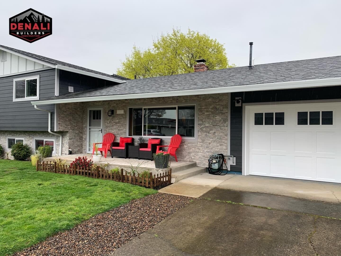 Garage and roof rebuild with new shingles by Denali Builders Construction