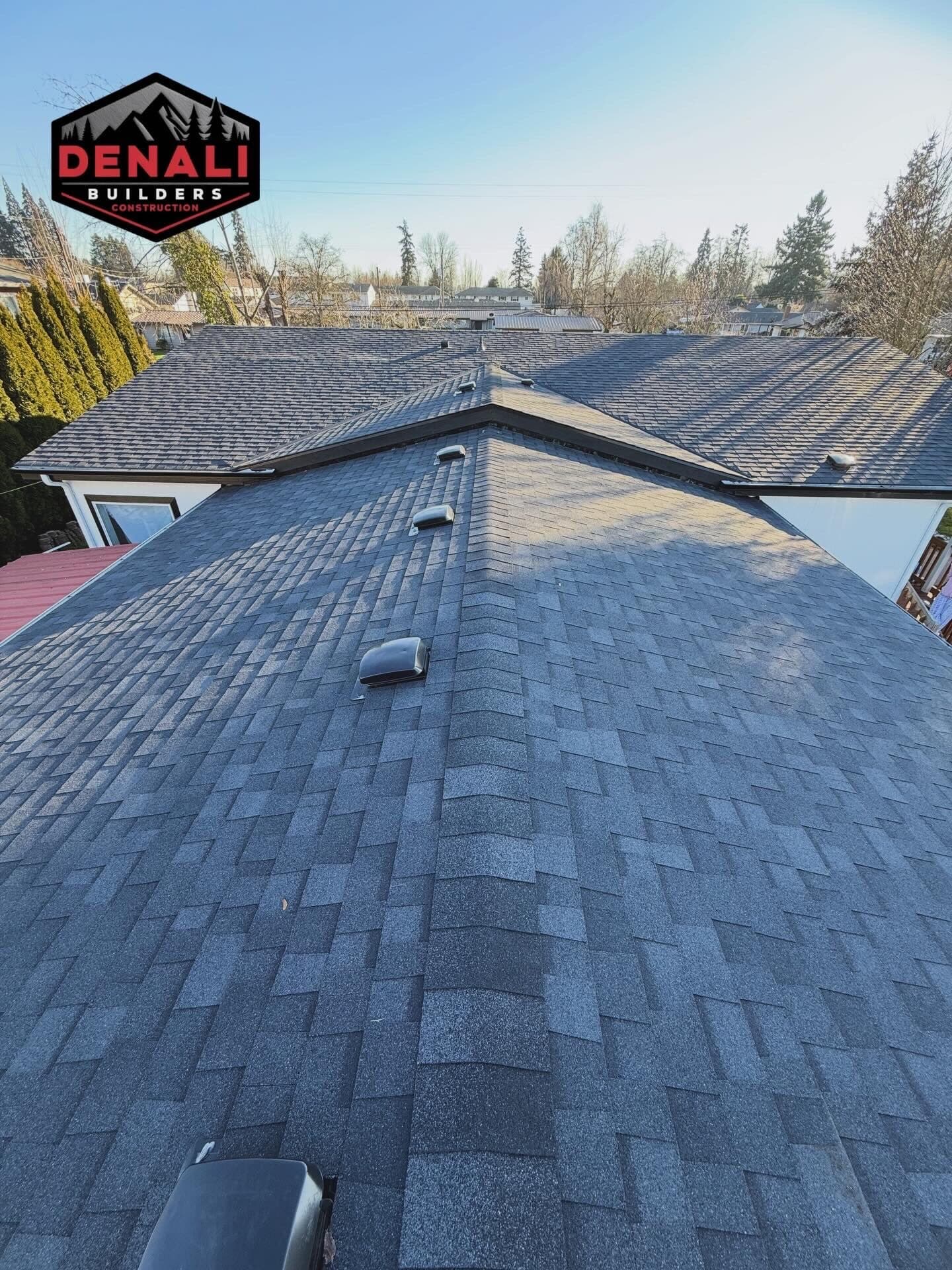 Close-up of new architectural asphalt shingle roof installation in Oregon